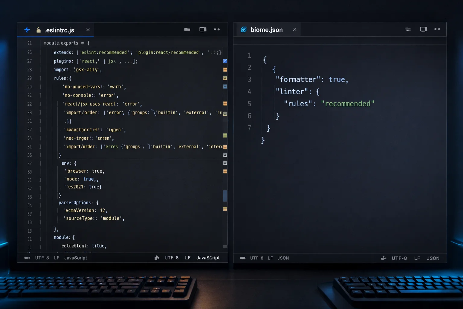 ESLintの複雑な設定ファイルとBiomeのシンプルな設定ファイルの比較、左は60行以上のeslintrc.js、右は7行のbiome.json
