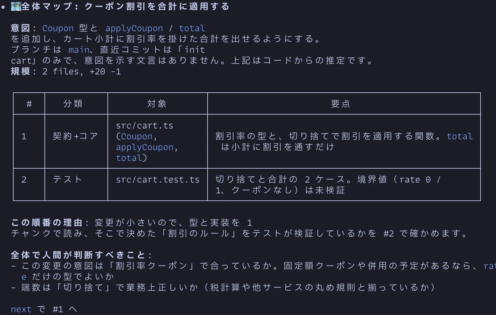 全体マップ。変更の意図、規模、2つのチャンクの分類と要点、読む順番の理由、全体で人間が判断すべきことが並んでいる
