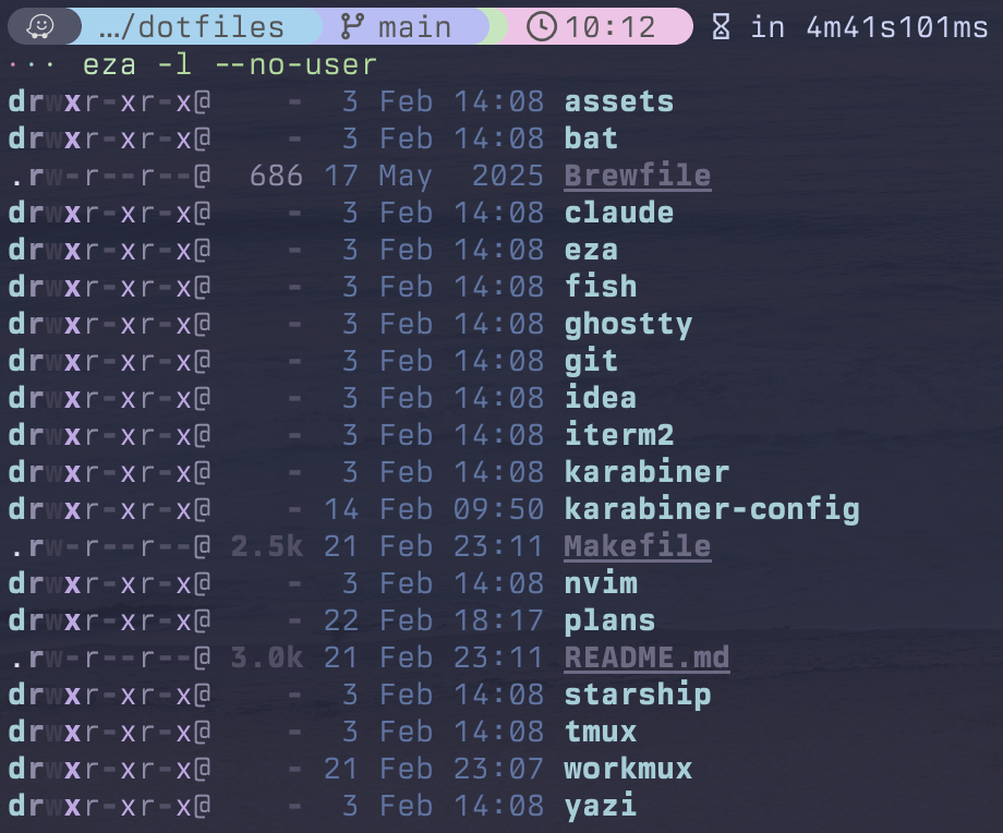 ezaでdotfilesディレクトリを表示した画面。ディレクトリはティール、ファイル種別ごとにパステルカラーで色分けされている